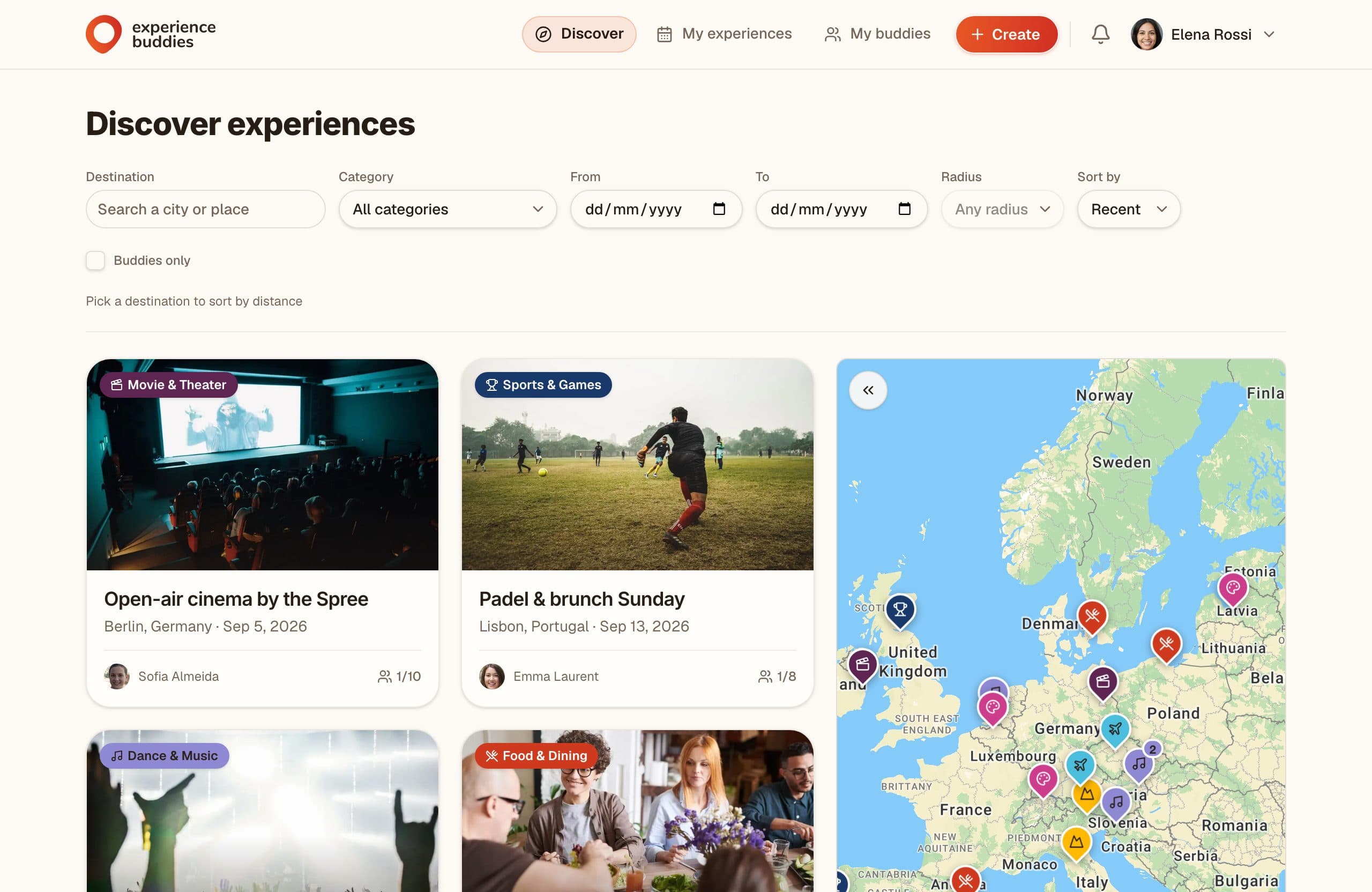 The Experience Buddies discover page, showing upcoming experiences and a map of Europe